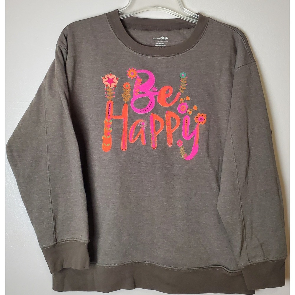 Natural Life Be Happy Crewneck Sweatshirt Pockets Small Floral Boho Hippie Olive